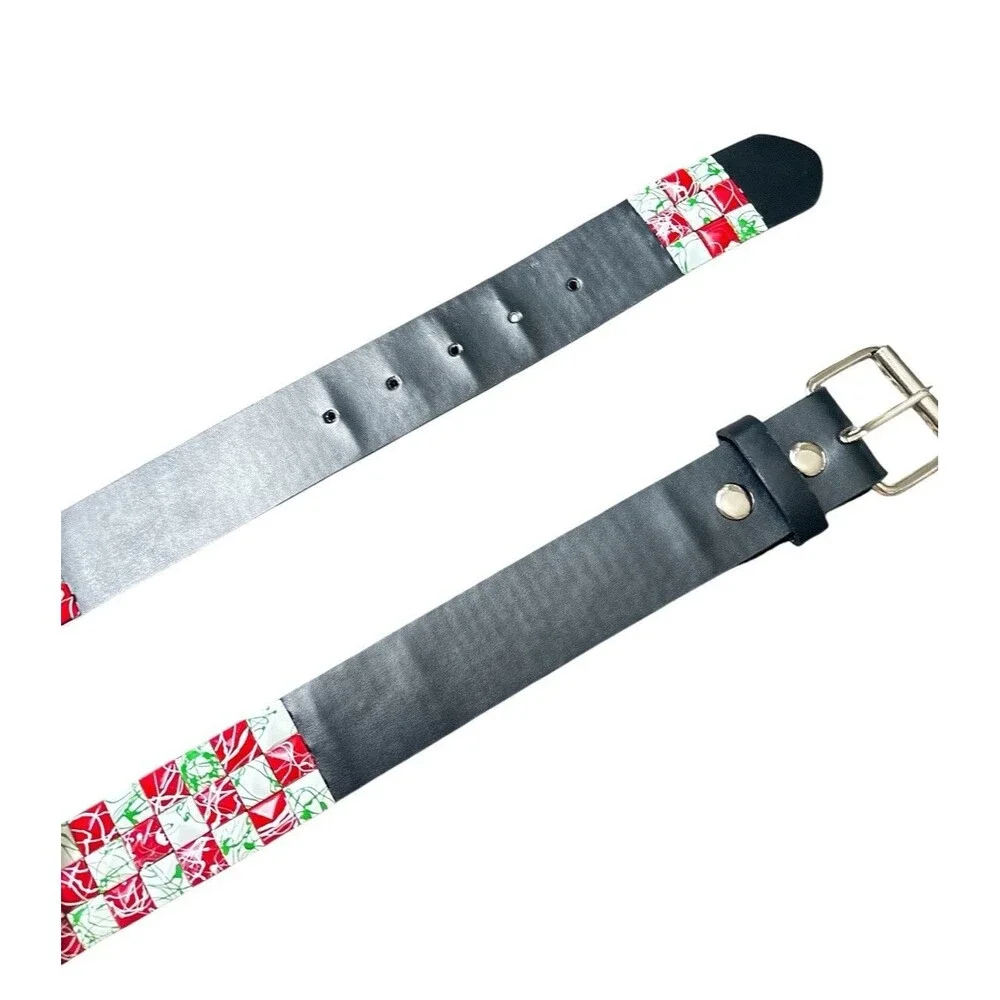 Belt Black Genuine Leather Italy White Red‎ Green Splatter Studded Size M 34-38